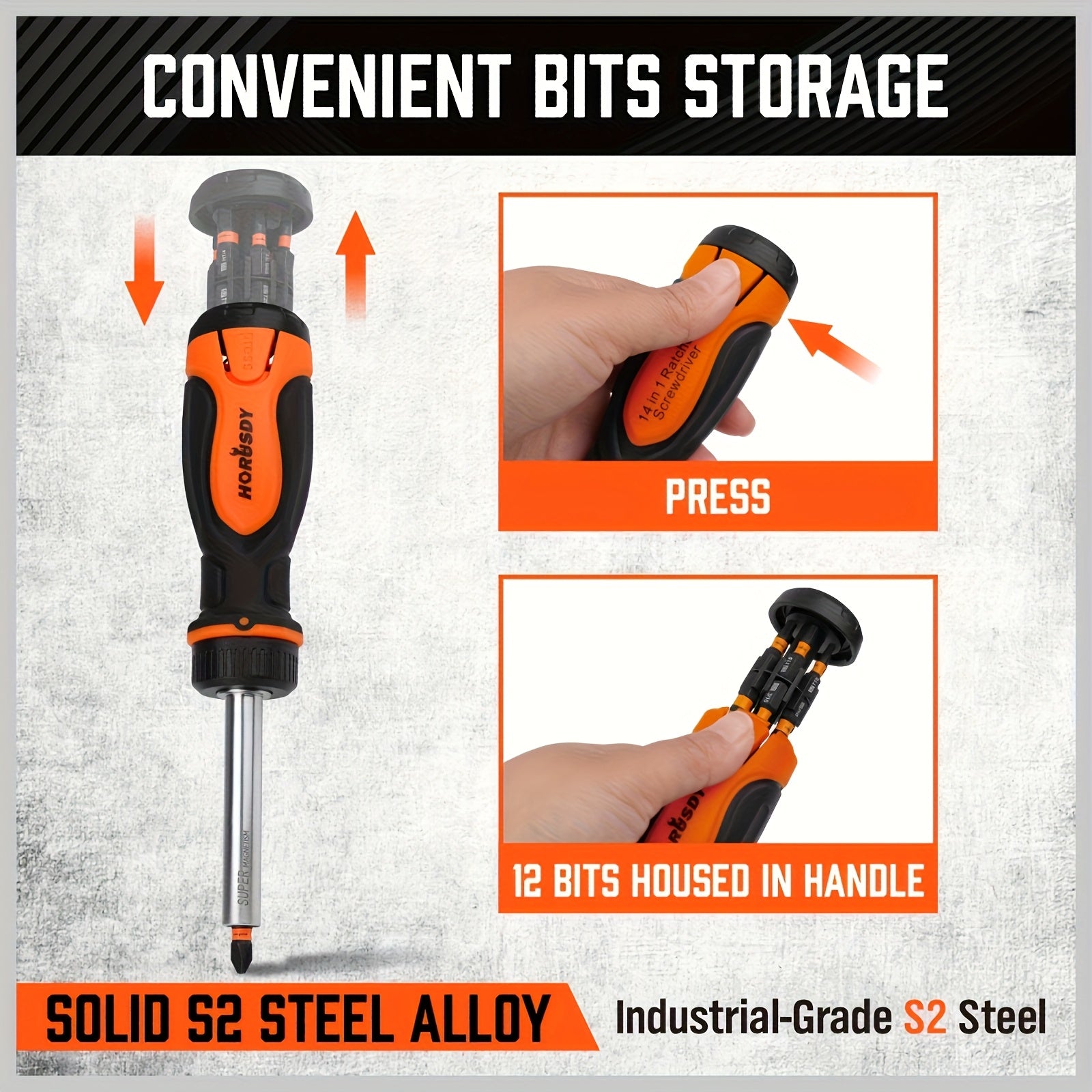 [14-in-1 Screwdriver Bit Set] 14-in-1 Magnetic Ratcheting Screwdriver Bit Set | Includes Phillips, Slotted, Square, Torx & Hex Bits | 1/4” Bit Holder for Garage and Daily Repairs