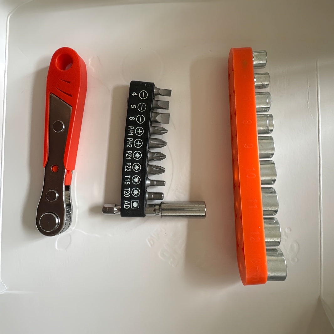 A 36-Tooth Mini Ratchet Screwdriver Set Suitable for Repairs in Tight Spaces, Featuring an L-Shaped Wrench Head, No Assembly Required, Manual Operation, And a Red Steel Multifunctional Tool Kit