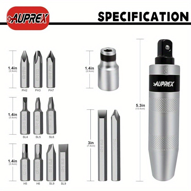 12pcs Heavy-Duty Manual Impact Screwdriver Set with Reversible Hammer - 201D CR-V Steel Construction, Dual-Direction Switch & Ergonomic Handle, 12pcs Slotted/Phillips/Hex Bits for Rusty Fasteners, Bolts, Nuts - Ideal for DIY, Construction, Automotive,