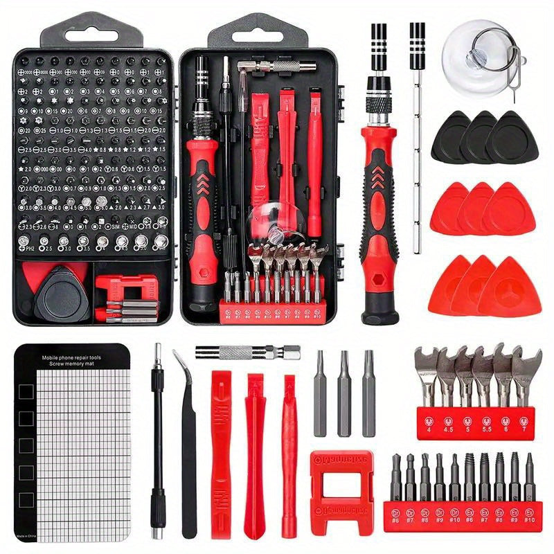 138in 1 Precision Screwdriver Set - DIY Repair Tool Kit with Steel Bits for iPhone, Tablet, Watch, Camera - Includes Mini Wrench & Stripped Screw Extractor Magnetic, Non-Slip Handle & Tweezers Grey Red