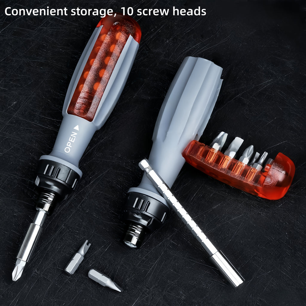 10-in-1 Manual Ratchet Screwdriver Set - Heavy-Duty Metal Tool Kit with Rotating Head & Concealed Batch Slot, No Electricity or Battery Needed for Tight Spaces, Sleek Design, Durable Construction