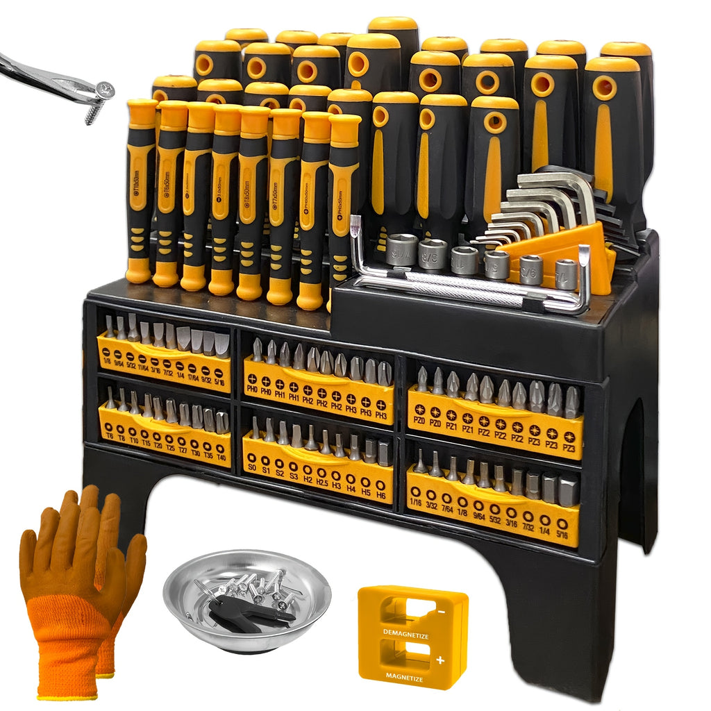 121pcs Magnetic Screwdriver Set with Chrome Vanadium Steel, Multi-Size Hex & Flathead Tools, Non-Slip Grip, Includes Storage Rack & Magnetic Bowl - Perfect DIY Tool Kit for Men
