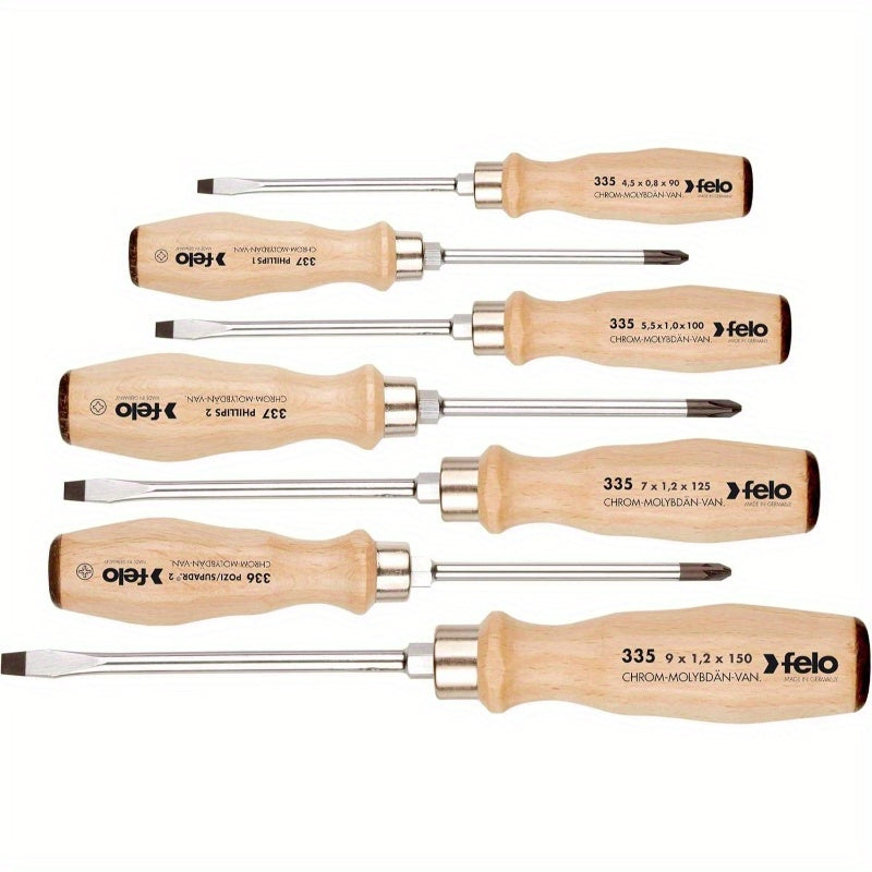 7pcs Slotted Phillips Pozidriv Screwdriver Set with Ergonomic Wooden Handle & Color-Coded Tips - Heavy-Duty Manual Tool Kit for Home, Automotive, Electronics Repair - Compatible with Flathead, Crosshead, Pozidriv Screws - Durable & Precise (No Power