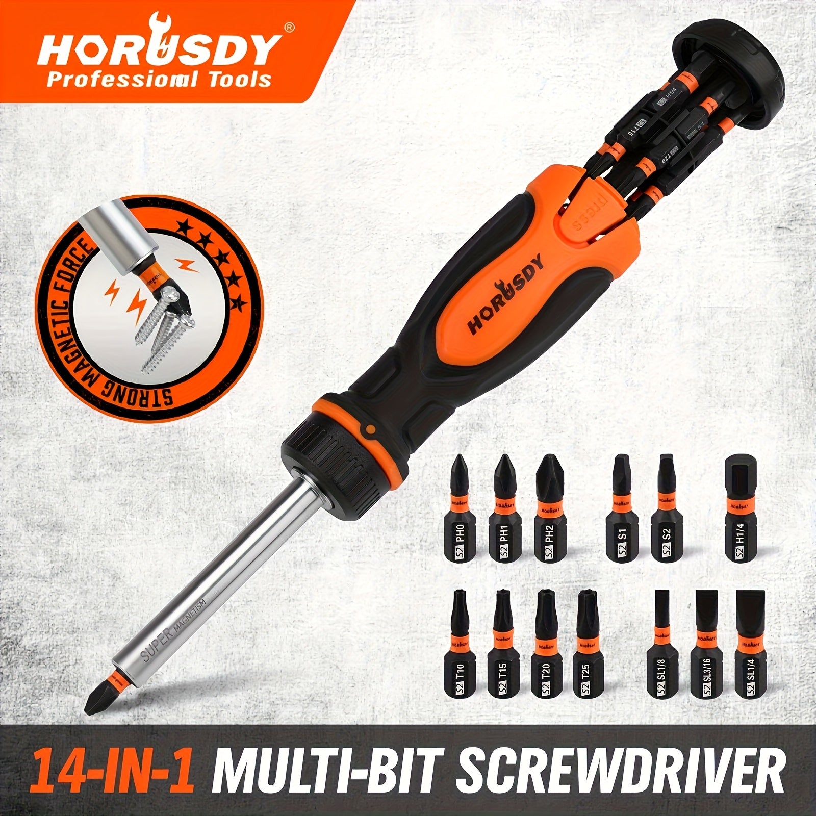 [14-in-1 Screwdriver Bit Set] 14-in-1 Magnetic Ratcheting Screwdriver Bit Set | Includes Phillips, Slotted, Square, Torx & Hex Bits | 1/4” Bit Holder for Garage and Daily Repairs