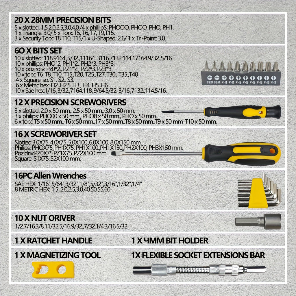 145pcs SEIKODY Steel Magnetic Screwdrivers Set, Precision, With Plastic Racking, Magnetizer, Key Set, Nut Driver and Bit Set, Uncharged, Without Battery, for DIY, Men, Tools Gift
