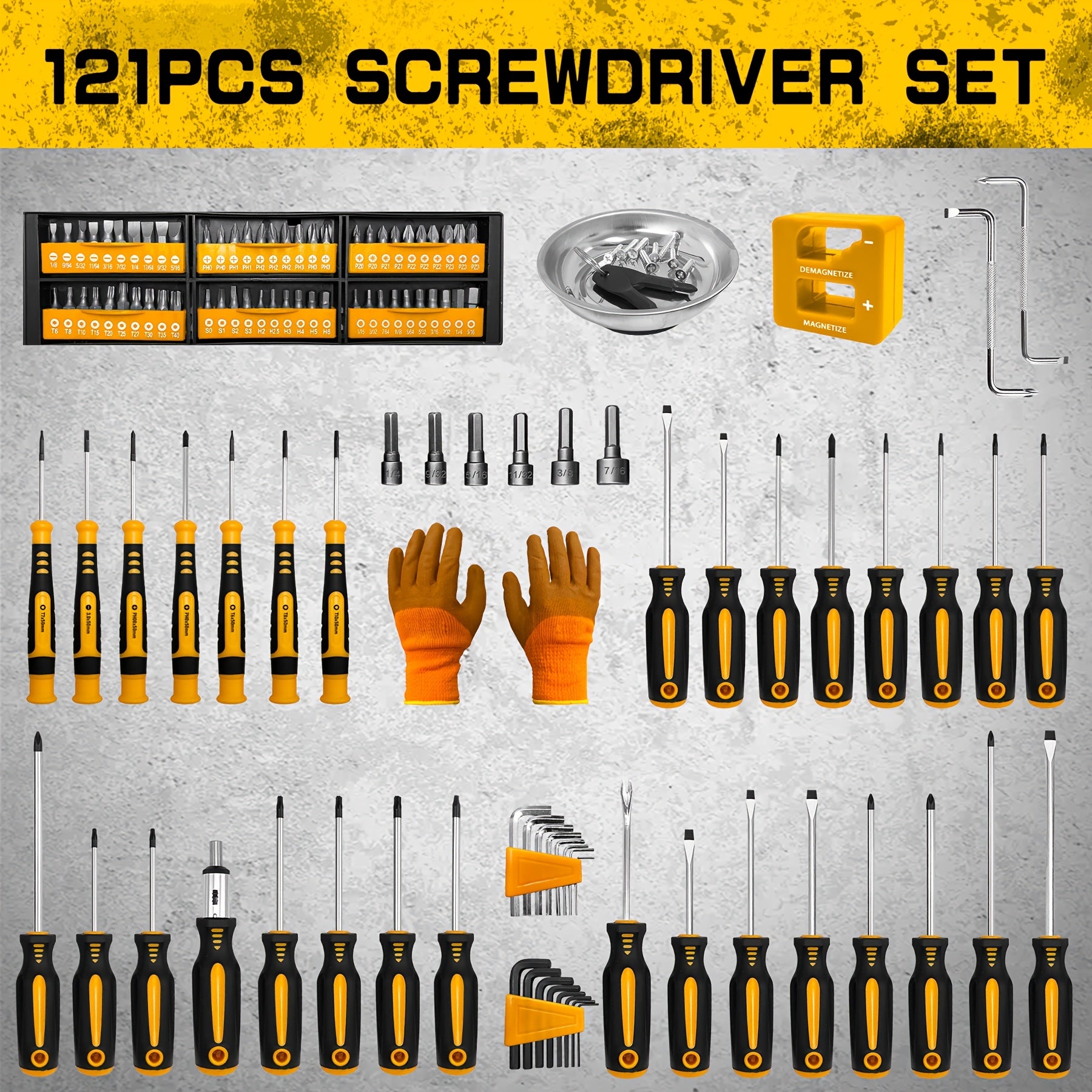 121pcs Magnetic Screwdriver Set with Chrome Vanadium Steel, Multi-Size Hex & Flathead Tools, Non-Slip Grip, Includes Storage Rack & Magnetic Bowl - Perfect DIY Tool Kit for Men