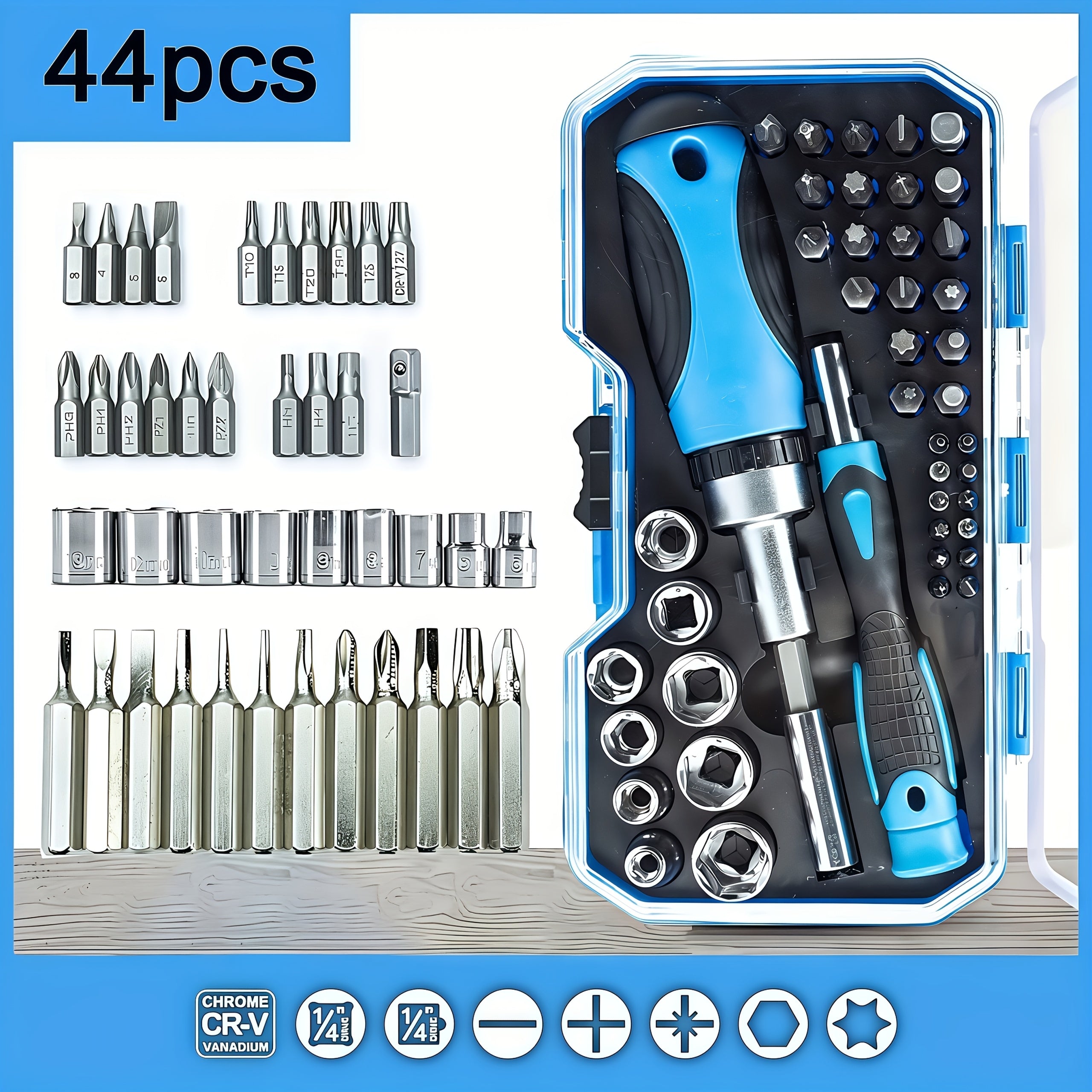 44pcs Multifunctional Ratchet Screwdriver Set, Carbon Steel, Flat Head/ crosshead/ safety Hexagonal Head, Portable Drill Sleeve Set for Home Maintenance