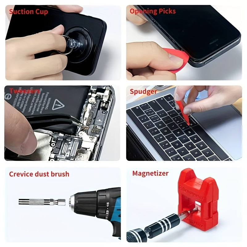 138in 1 Precision Screwdriver Set - DIY Repair Tool Kit with Steel Bits for iPhone, Tablet, Watch, Camera - Includes Mini Wrench & Stripped Screw Extractor Magnetic, Non-Slip Handle & Tweezers Grey Red