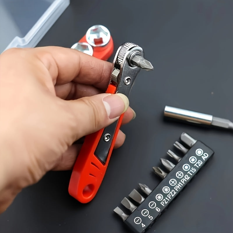 A 36-Tooth Mini Ratchet Screwdriver Set Suitable for Repairs in Tight Spaces, Featuring an L-Shaped Wrench Head, No Assembly Required, Manual Operation, And a Red Steel Multifunctional Tool Kit