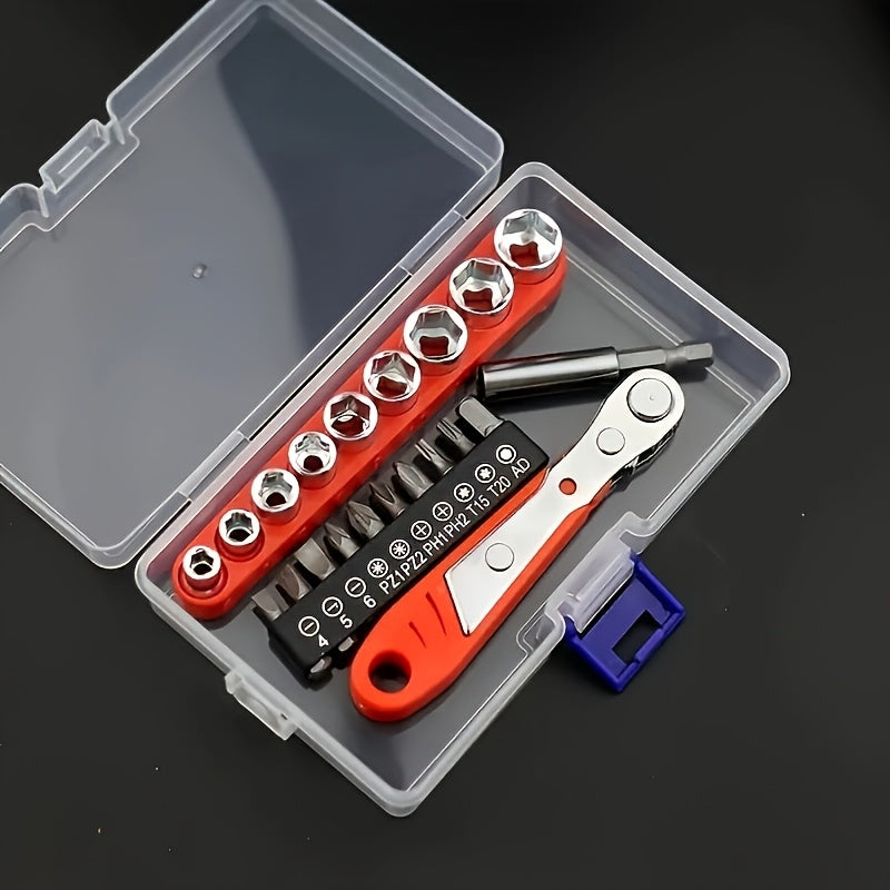 A 36-Tooth Mini Ratchet Screwdriver Set Suitable for Repairs in Tight Spaces, Featuring an L-Shaped Wrench Head, No Assembly Required, Manual Operation, And a Red Steel Multifunctional Tool Kit