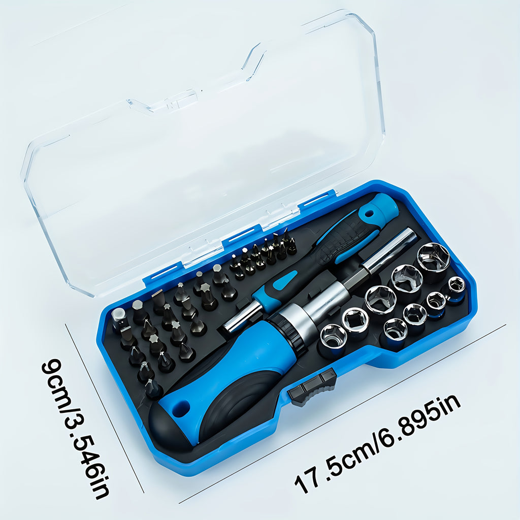44pcs Multifunctional Ratchet Screwdriver Set, Carbon Steel, Flat Head/ crosshead/ safety Hexagonal Head, Portable Drill Sleeve Set for Home Maintenance