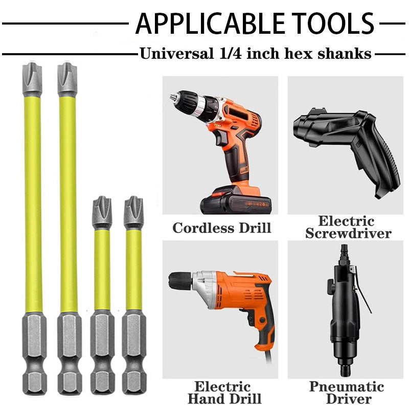 4 Magnetic Electrician Screwdriver Bit Set, Hexagonal Shank PH2 - 65mm & 110mm, Non-slip Metal Drill Bits, Suitable for Hand and Power Tools, Compatible with Socket Switch Panels, No Batteries Required