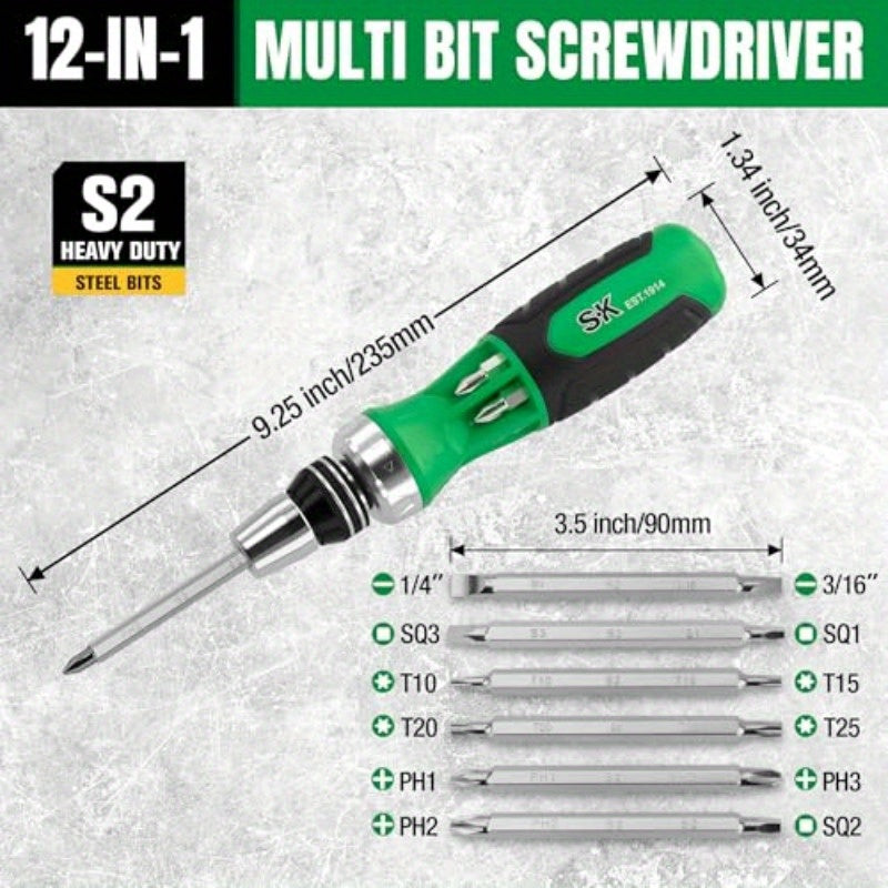 12-in-1 Ratcheting Screwdriver 216P Multibit Driver with QuickLoad Mechanism, S2 Steel Bits & Ergonomic SureGrip Handle - 6 Double-Ended Bits (Phillips/Slotted/Star/Square), 216-Position Ratchet, Auto Lock, Bits Stored in Handle for Professional & DIY