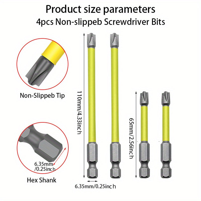 4 Magnetic Electrician Screwdriver Bit Set, Hexagonal Shank PH2 - 65mm & 110mm, Non-slip Metal Drill Bits, Suitable for Hand and Power Tools, Compatible with Socket Switch Panels, No Batteries Required