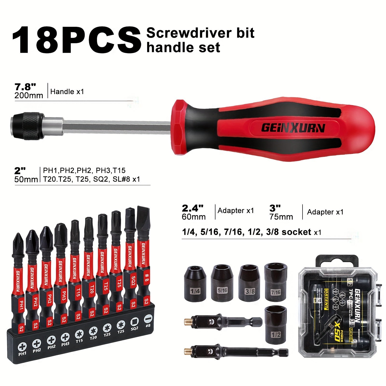 GEINXURN S2 Steel 1/4" Hex Shank Screwdriver Handle with Mixed Screwdriver Bits Set, 1/3/14/18pcs, Durable Red/Black/White, No Assembly Required