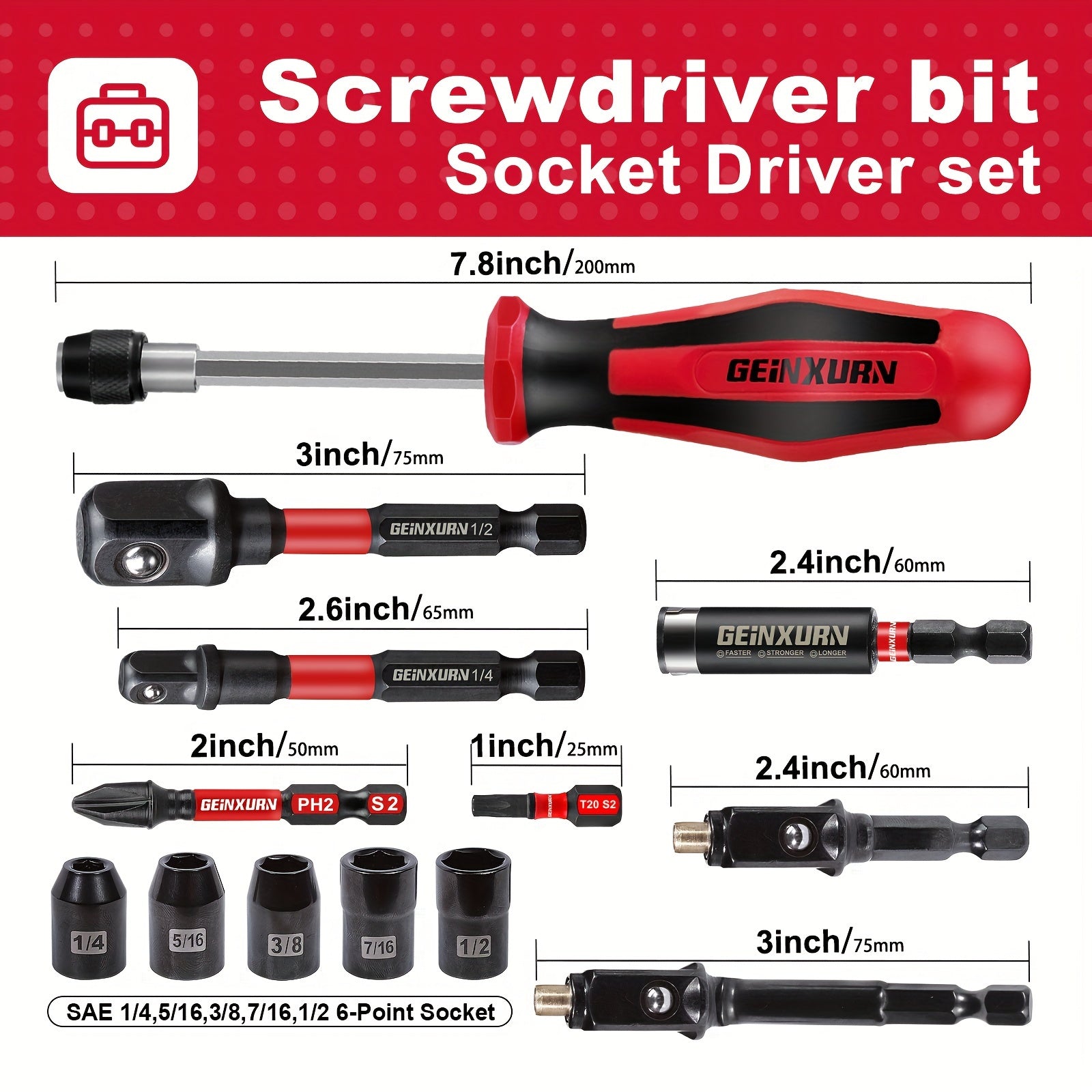 GEINXURN S2 Steel 1/4" Hex Shank Screwdriver Handle with Mixed Screwdriver Bits Set, 1/3/14/18pcs, Durable Red/Black/White, No Assembly Required