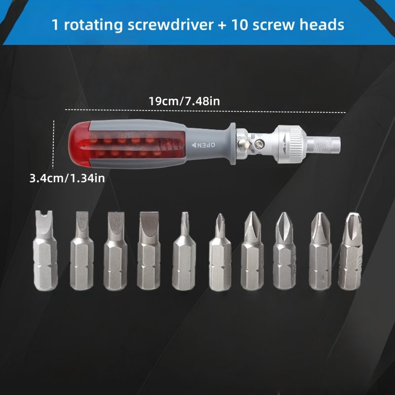 10-in-1 Manual Ratchet Screwdriver Set - Heavy-Duty Metal Tool Kit with Rotating Head & Concealed Batch Slot, No Electricity or Battery Needed for Tight Spaces, Sleek Design, Durable Construction