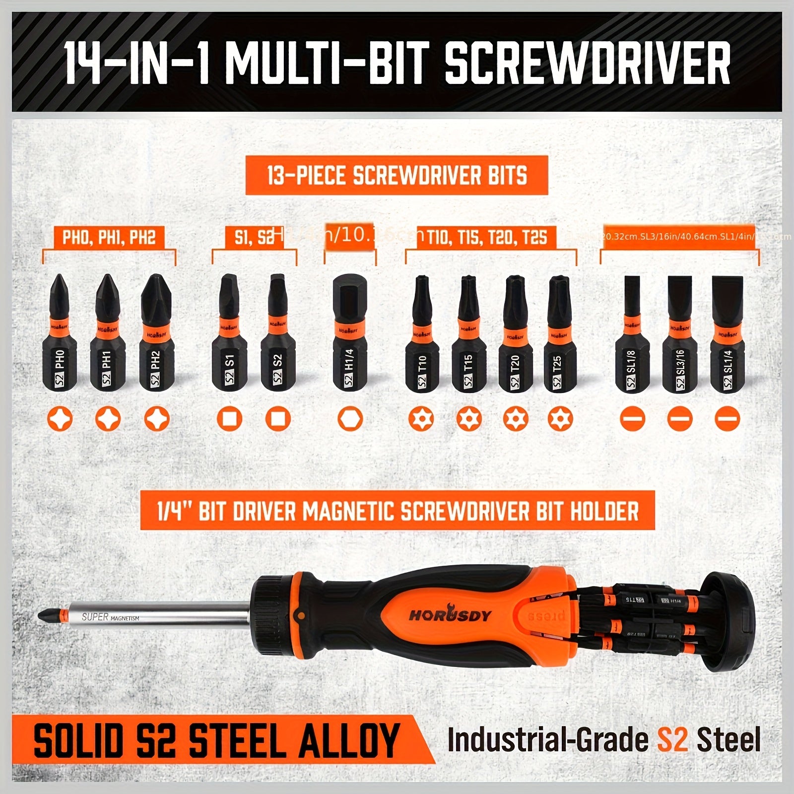 [14-in-1 Screwdriver Bit Set] 14-in-1 Magnetic Ratcheting Screwdriver Bit Set | Includes Phillips, Slotted, Square, Torx & Hex Bits | 1/4” Bit Holder for Garage and Daily Repairs