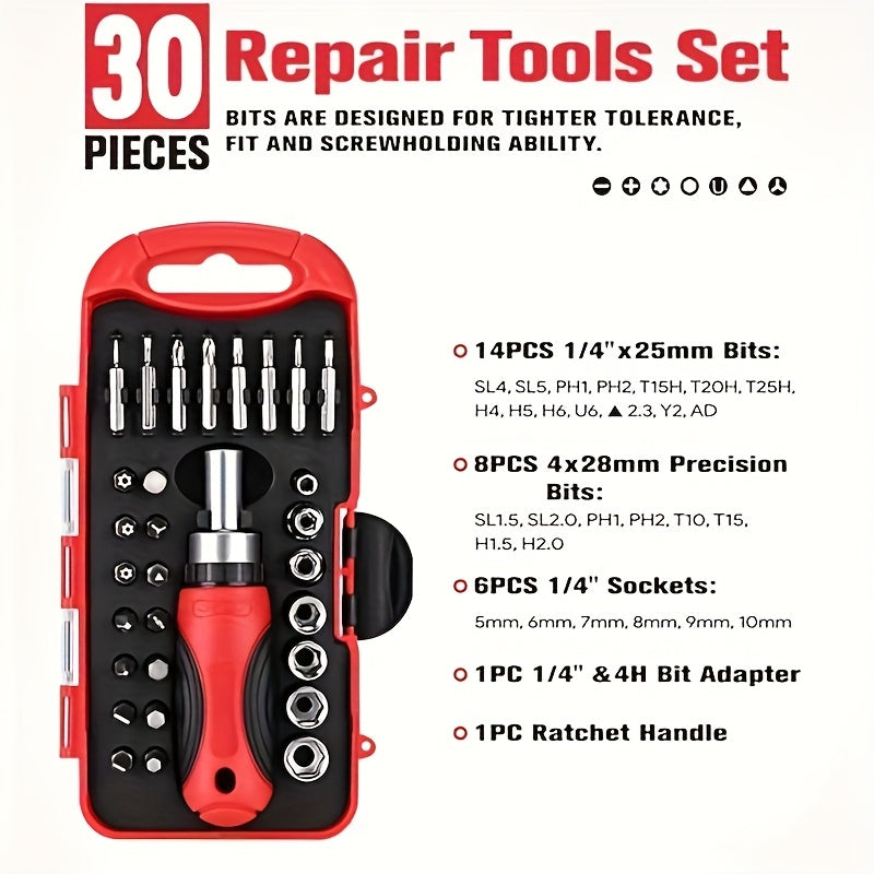 30pcs Magnetic Ratcheting Wrench and Precision Screwdriver Set, Mini Electronics Tool Kit with Screw Extractor, Ideal for Watch, Mobile Phone, Computer Maintenance, Plastic and Metal, No Electricity Needed, Watch Repair Tools | Compact Tool Kit | Durable