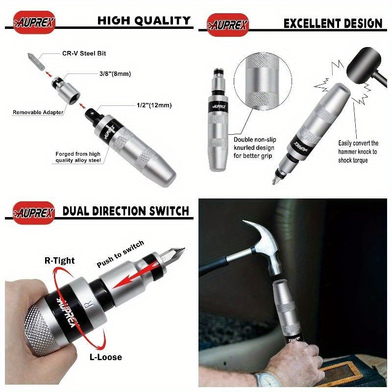 12pcs Heavy-Duty Manual Impact Screwdriver Set with Reversible Hammer - 201D CR-V Steel Construction, Dual-Direction Switch & Ergonomic Handle, 12pcs Slotted/Phillips/Hex Bits for Rusty Fasteners, Bolts, Nuts - Ideal for DIY, Construction, Automotive,