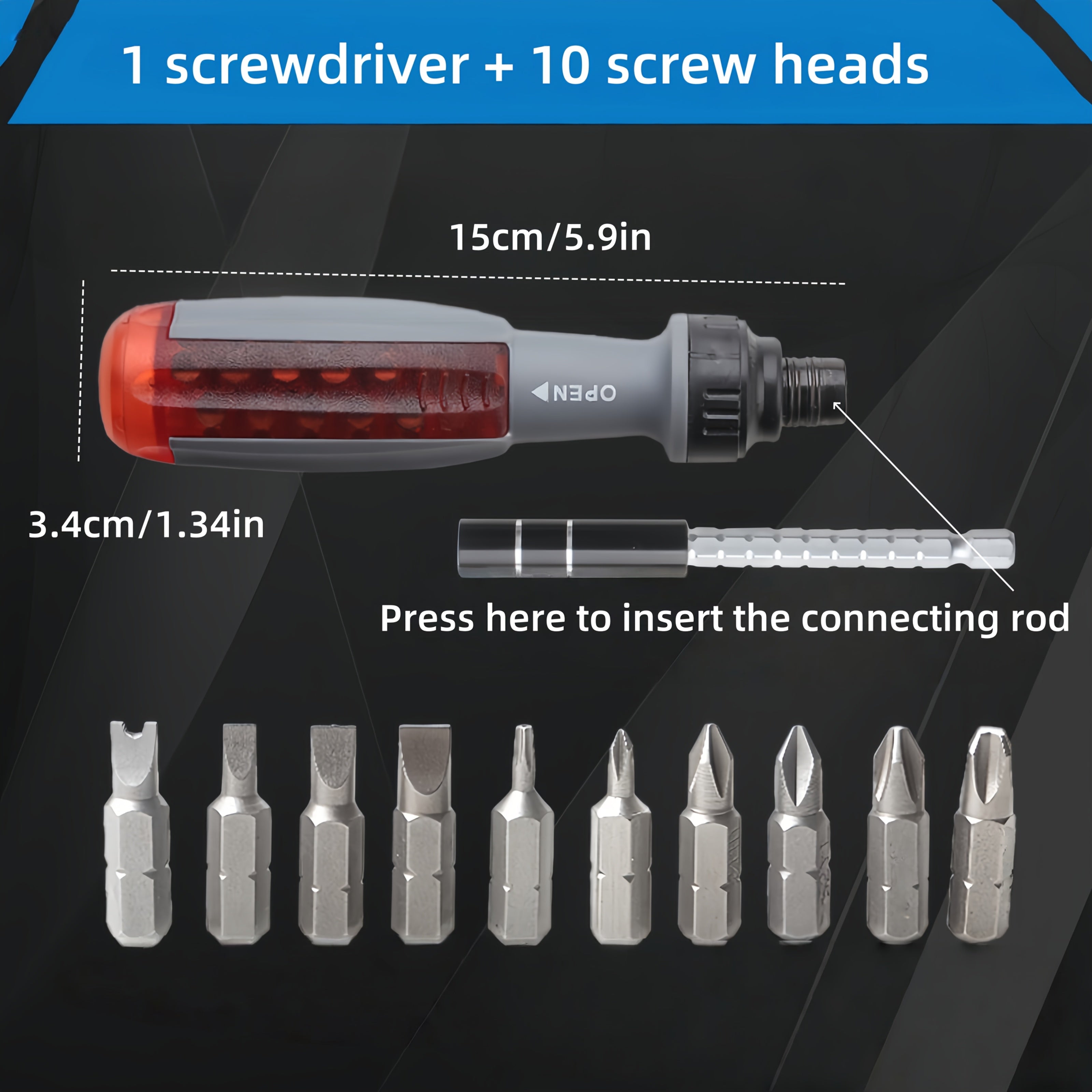10-in-1 Manual Ratchet Screwdriver Set - Heavy-Duty Metal Tool Kit with Rotating Head & Concealed Batch Slot, No Electricity or Battery Needed for Tight Spaces, Sleek Design, Durable Construction