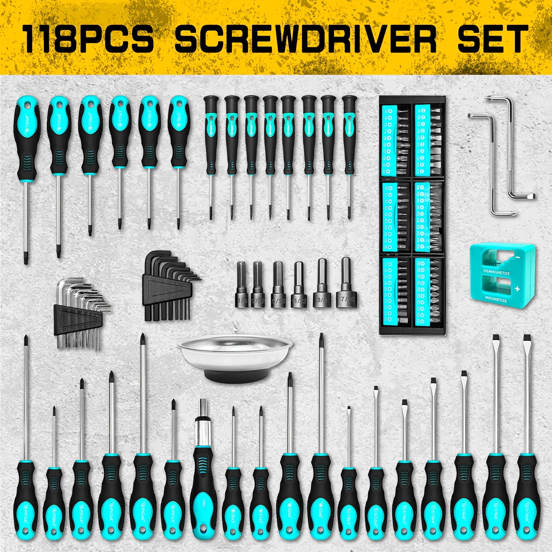 DARK DUCK 118pcs Magnetic Screwdriver Set with Plastic Rack And Magnetic Tool Bowl, Chrome Vanadium Steel, Multi-Size for Electronics And Precision Work, Non-Slip Rubber Handles, Durable Metal Construction (Blue)