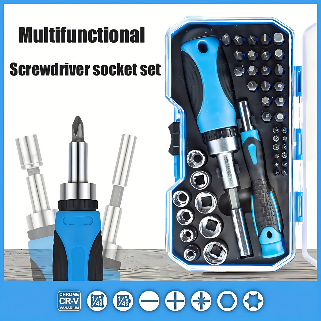 44pcs Multifunctional Ratchet Screwdriver Set, Carbon Steel, Flat Head/ crosshead/ safety Hexagonal Head, Portable Drill Sleeve Set for Home Maintenance