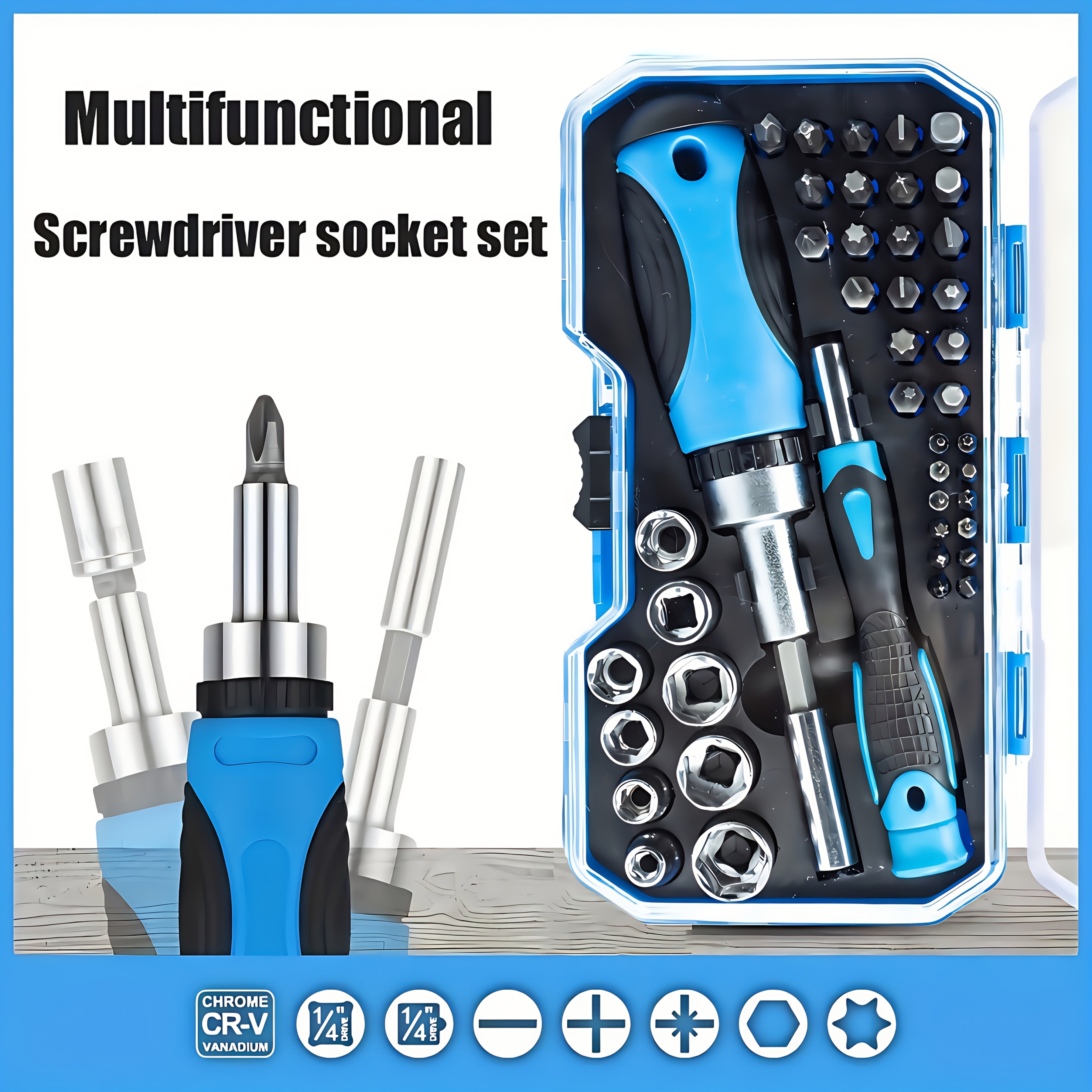 44pcs Multifunctional Ratchet Screwdriver Set, Carbon Steel, Flat Head/ crosshead/ safety Hexagonal Head, Portable Drill Sleeve Set for Home Maintenance