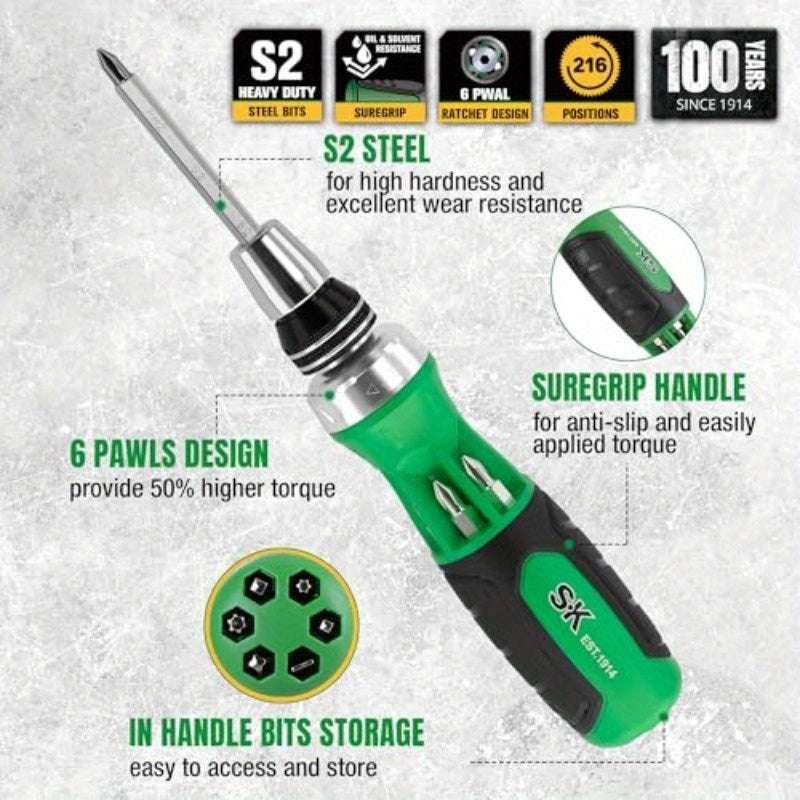 12-in-1 Ratcheting Screwdriver 216P Multibit Driver with QuickLoad Mechanism, S2 Steel Bits & Ergonomic SureGrip Handle - 6 Double-Ended Bits (Phillips/Slotted/Star/Square), 216-Position Ratchet, Auto Lock, Bits Stored in Handle for Professional & DIY