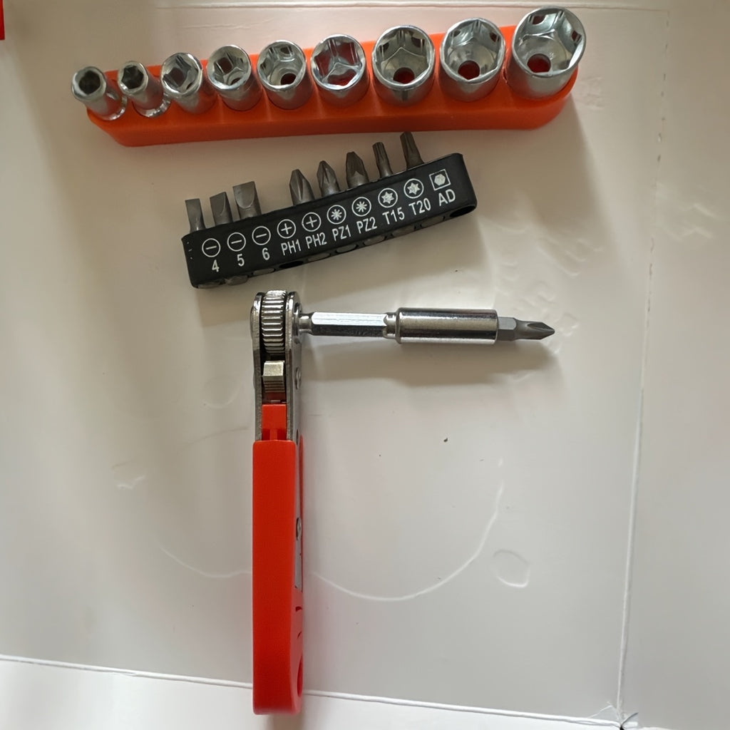 A 36-Tooth Mini Ratchet Screwdriver Set Suitable for Repairs in Tight Spaces, Featuring an L-Shaped Wrench Head, No Assembly Required, Manual Operation, And a Red Steel Multifunctional Tool Kit